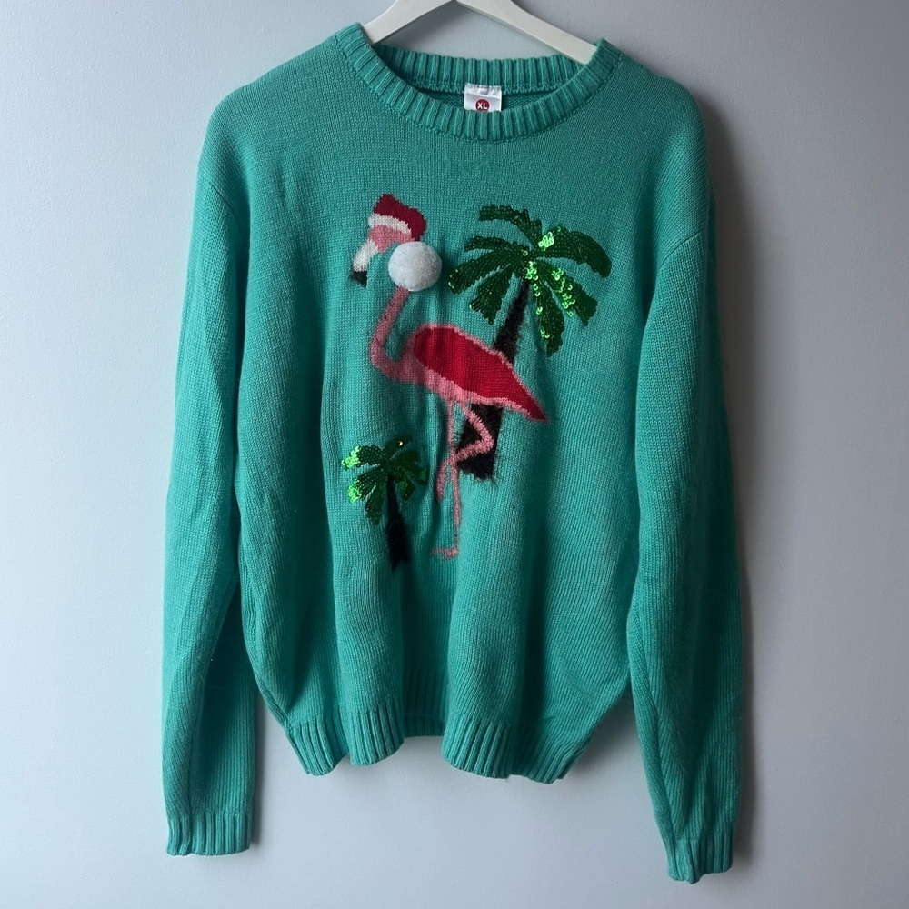 Ugly Christmas Sweater- Teal Flamingo